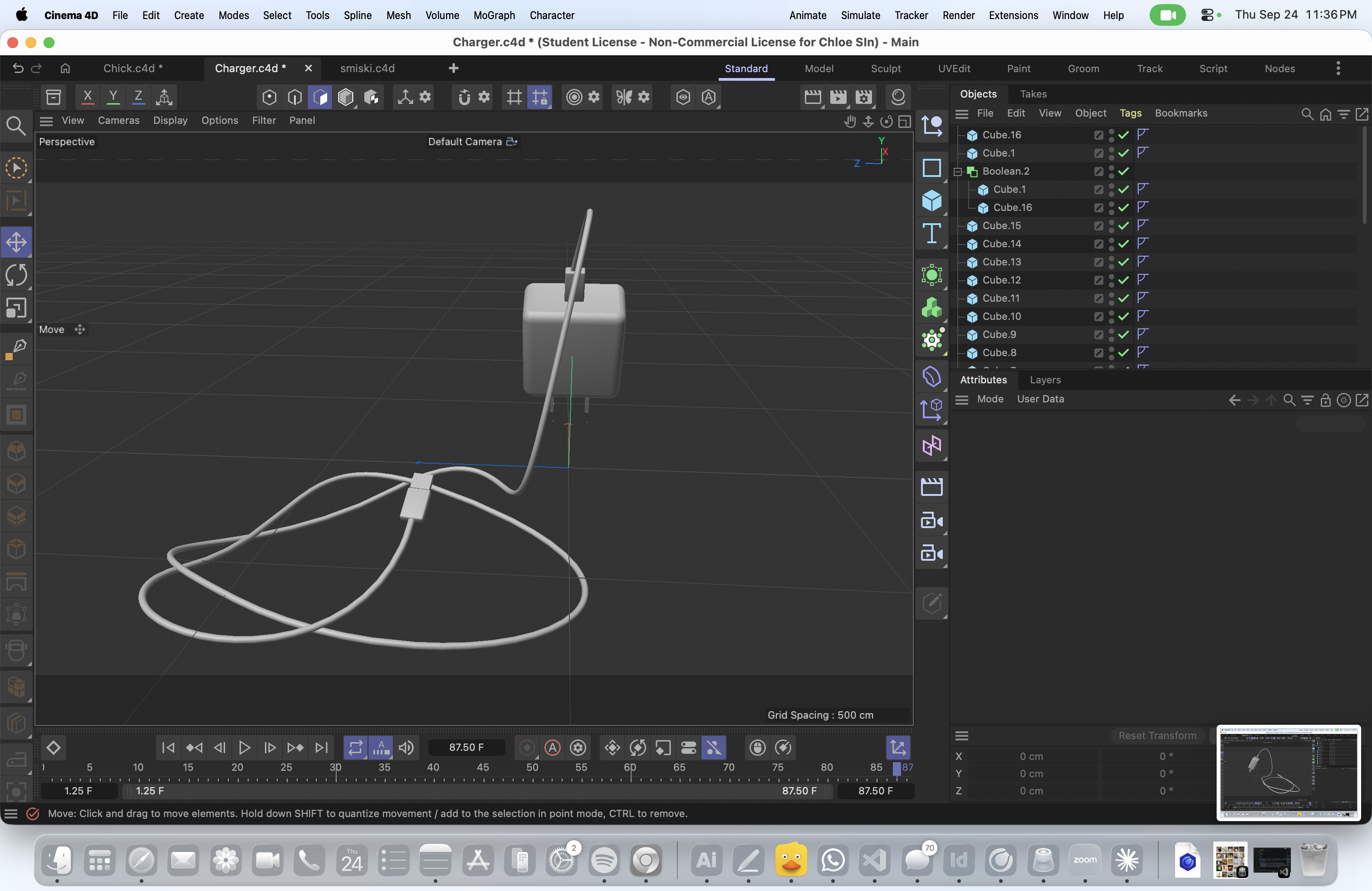 Front view of the 3D charger model and cable.